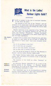 Cream colour flyer printed on both sides providing information about the rôle of the Ladies Harbour Lights Guild.