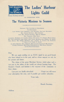 Cream colour paper flyer's in blue ink that are also subscription forms in order to become Honorary Members/Working/School Members or renewals of previous Membership of the Ladies' Harbour Lights Guild.