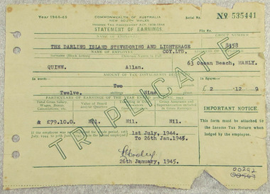 Document - Statement of earnings (linked to group certificate registration number 00291), Issued 26 January 1945