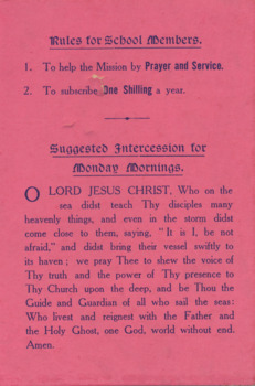 Pink membership card for the School branches of the Ladies Harbour Lights Guild