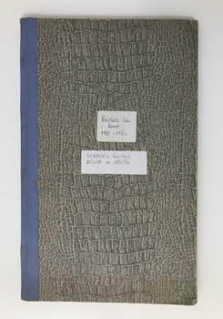Notebook with crocodile skin print on the cover. Rectangular sticker indicates : Visitor log book 1981-1984. A second stocker indicates: Seamen's Visitors 26/4/81 to 28/11/84.