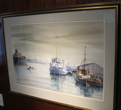 Watercolour painting depicting ships in port