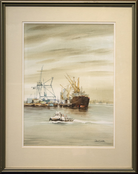 Watercolour depicting ships and cranes in industrial port