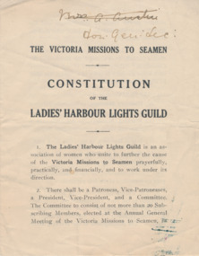 Booklet - Constitution, The Victoria Missions to Seamen, Constitution of the Ladies' Harbour Lights Guild, 1916-1920