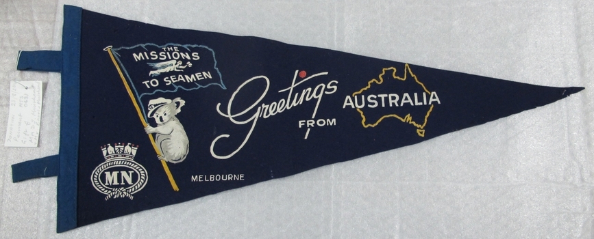 Triangular shape, navy felt flag with embroidery