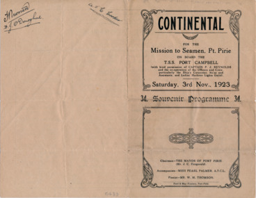 Programme - Concert Programme, Continental for the Mission to Seamen, Pt. Pirie...Souvenir Programme: Saturday 3rd Nov., 1923