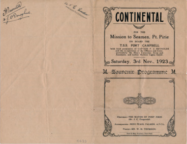 Programme - Concert Programme, Continental for the Mission to Seamen, Pt. Pirie...Souvenir Programme: Saturday 3rd Nov., 1923, 1923