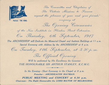 Card - Invitation card, Opening Ceremonies 6th September, 1917