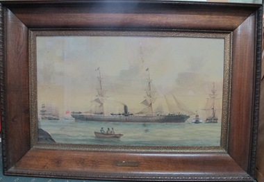 Maritime painting in Naive style on board with wooden frame