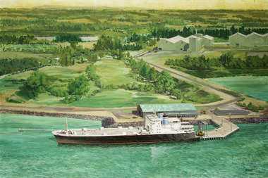 Large painting depicting a ship (first plan) loading his cargo in a port. In the background the countryside (possibly Hasting in the Mornington Peninsula)