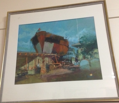 Landscape format painting  depicting in foreground a rusty hull of a ship against a deep aqua blue sky