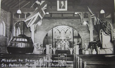 Postcard - Postcard, Black and white, kodak, Mission to Seamen, Melbourne, St Peter's, Mariner's Church, 1951