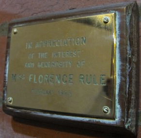 Plaque - Memorial Plaque, Florence Rule, 1885
