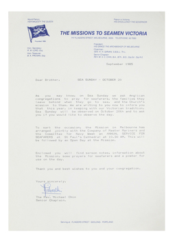Typed letter by Reverend Michael Chin with Mission's logo