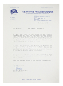 Typed letter by Reverend Michael Chin with Mission's logo