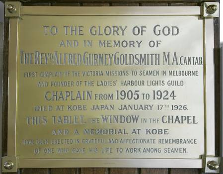 Large bronze plaque in memory of Reverend Alfred Gurney Goldsmith