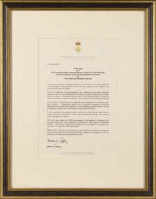 Letter - Framed letter, Michael Jeffery, A Message from His Excellency Major General Michael Jeffery, 23 August 2007