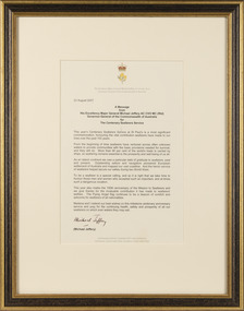 Letter - Framed letter, Michael Jeffery, A Message from His Excellency Major General Michael Jeffery, 23 August 2007
