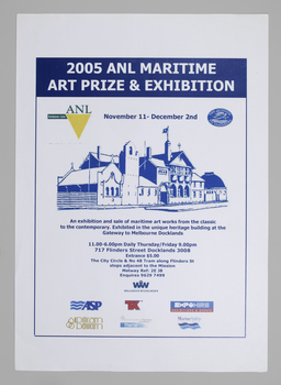 Poster in colour for the annual Maritime Art Prize depicting the Mission to Seafarers Flinders Street with logos of sponsors.