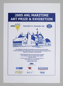 Poster in colour for the annual Maritime Art Prize depicting the Mission to Seafarers Flinders Street with logos of sponsors.