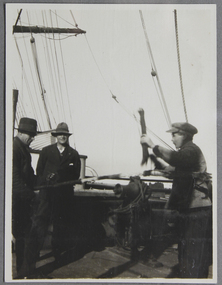 Photograph - Photograph, Black and white, On board the William Mitchell: Serving a backstay