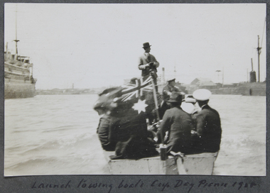 Photograph - Photograph, Black and white, Mission Launch towing boat - Cup Day picnic 1928, 1928