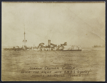 Postcard, German Cruiser Eden after the Fight with HMAS Sydney, ashore at Cocos Islands