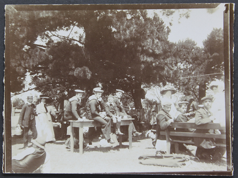 Seafarers and ladies from the Guild in the garden of Orcahrd House in 1909