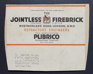 Card - Brochure, The Jointless firebrick Company: PLIBRICO, mid 20th