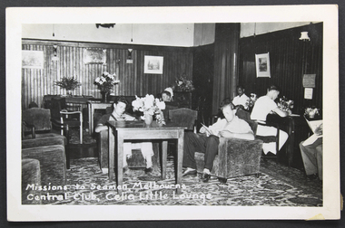 Postcard - Postcard, Black and white, KODAK, The Mission to Seamen, Melbourne - Central Hall, Celia Little Lounge, c. 1950