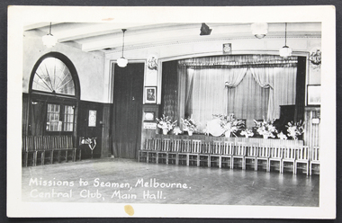 Postcard - Postcard, Black and white, The Mission to Seamen, Melbourne - Central Hall, Main Hall, c. 1950