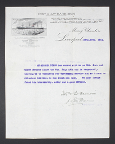 Reference Letter for Arthur Oswald Dixon from Harrison Line of Steamers