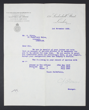 Resignation letter acceptance from the New Zealand ShippingCompany to Arthur Oswald Dixon 