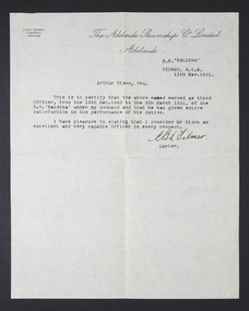 Reference letter from the Adelaide Steamship to Arthur Oswald Dixon