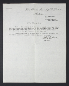 Reference letter from the Adelaide Steamship to Arthur Oswald Dixon