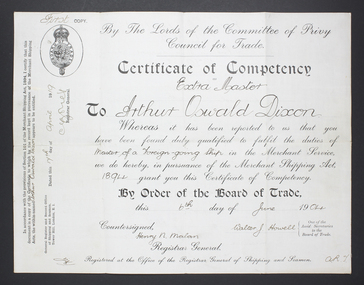 Certificate - Certificate of Competency Extra Master, 1919