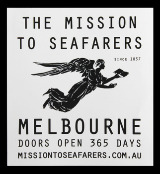 White square sticker depicting the Flying Angel, logo of the Mission to Seafarers