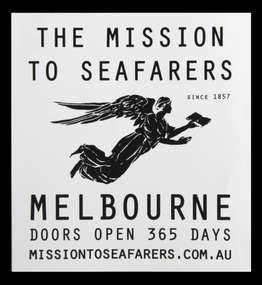 White square sticker depicting the Flying Angel, logo of the Mission to Seafarers
