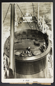 Photograph, 3 seamen on top of their ship's funnel