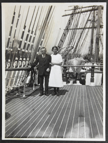 photograph - Photograph, Black and White, Reverend John Reginald Weller, Captain and Miss Johannessen on board the "Skaregrøm", 1925-1926