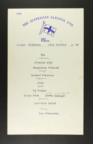 Document - Menu, The Australian National Line Menu 31 October 1966, 1966