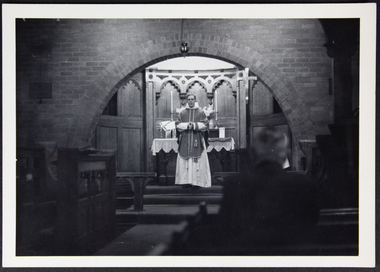 photograph - Photograph, Black and white, [David Kent] conducts a service in St Peter the Mariner chapel