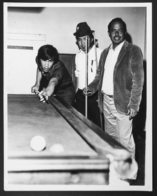 photograph - Photograph, Black and white, Three Asian seamen playing pool in the billiard room
