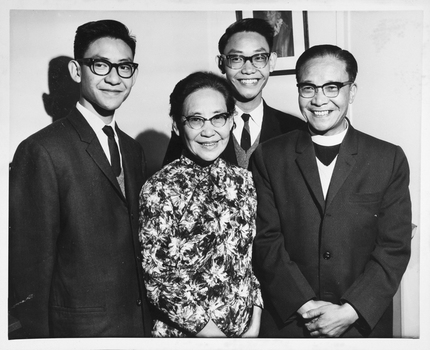 Family portrait of Reverend Wong, his wife and two sons.