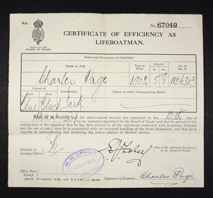 Certificate - Certificate of Efficiency as Lifeboatman, 13 May 1931