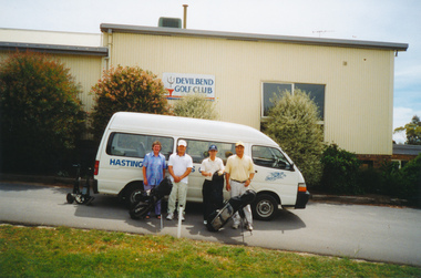 Pat Dann and seafarers in front of the Devilbend Golf Club in the Mornington Peninsula.