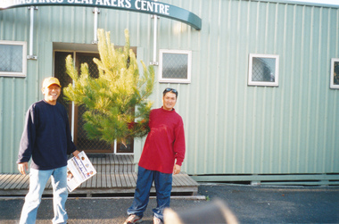 photograph - Photograph, Colour, Two seamen carrying a Christmas tree in front of the Hastings Seafarer Centre