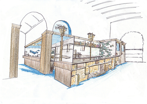 Sketches and photograph of the Flying Angel club bar