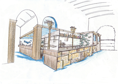 Sketches and photograph of the Flying Angel club bar