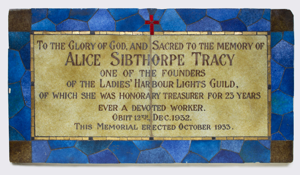 Plaque in memory of Alice Sibthorpe Tracy